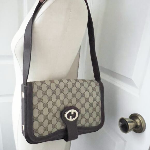 Vintage Gucci Bag Shoulder Purse Brown Monogram Logo Tan 70s 80s Flap - Picture 1 of 16